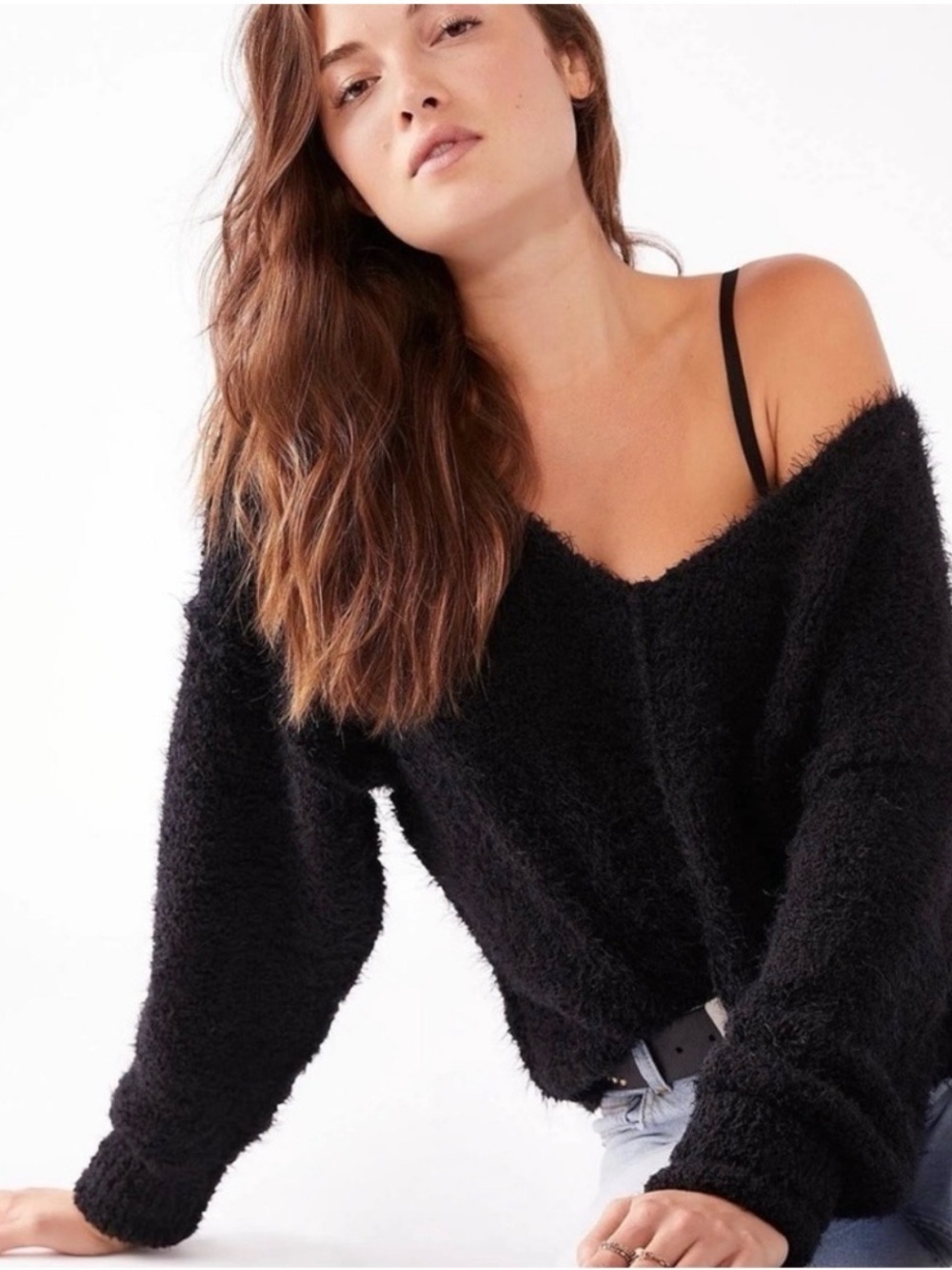 Free People Black V-Neck Cozy Fuzzy Sweater